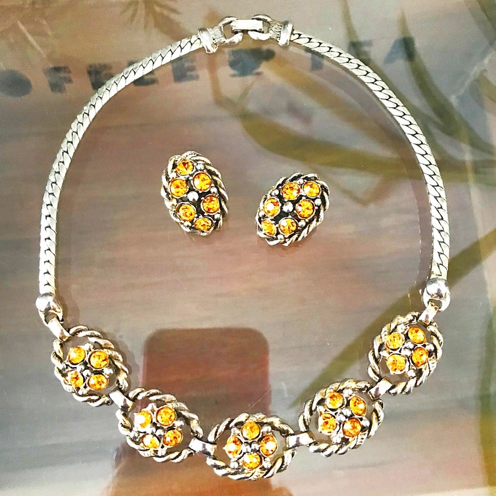 Vintage Jeweled 50s Selro Selini Goldtone Demi Parure Necklace and Earrings Set